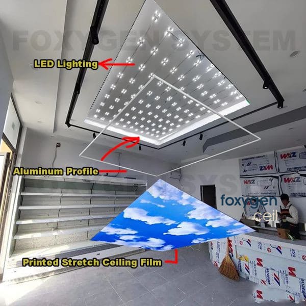 Modern Backlit Stretch Ceiling in Office A modern office interior featuring a white backlit stretch ceiling.