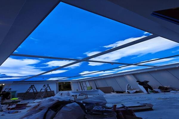 An installer using a heater and spatula to install a PVC harpoon into an aluminum profile for a stretch ceiling sky
