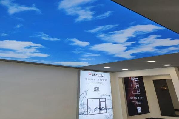 A perfectly installed stretch ceiling sky with even backlighting and a crisp blue sky with clouds